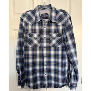 American Eagle Outfitters Pearl Snap Shirt Plaid Blue Western Cowboy Men's Large